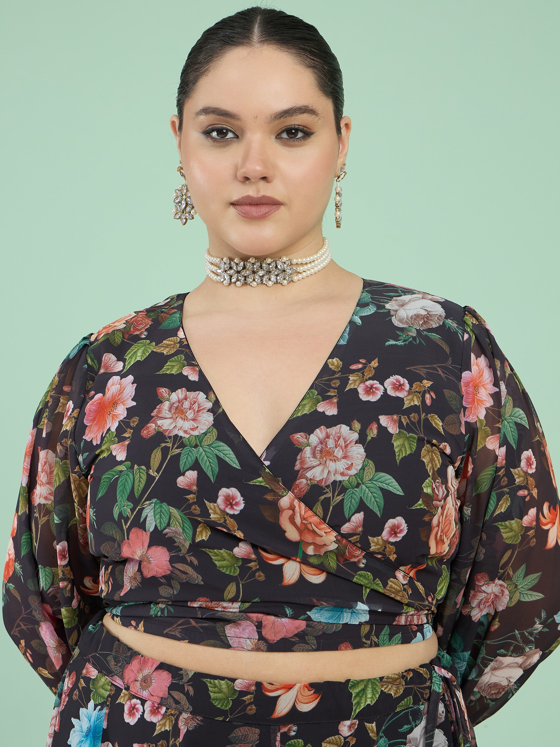 Women Black Floral Wrap Top With Anarkali Skirt