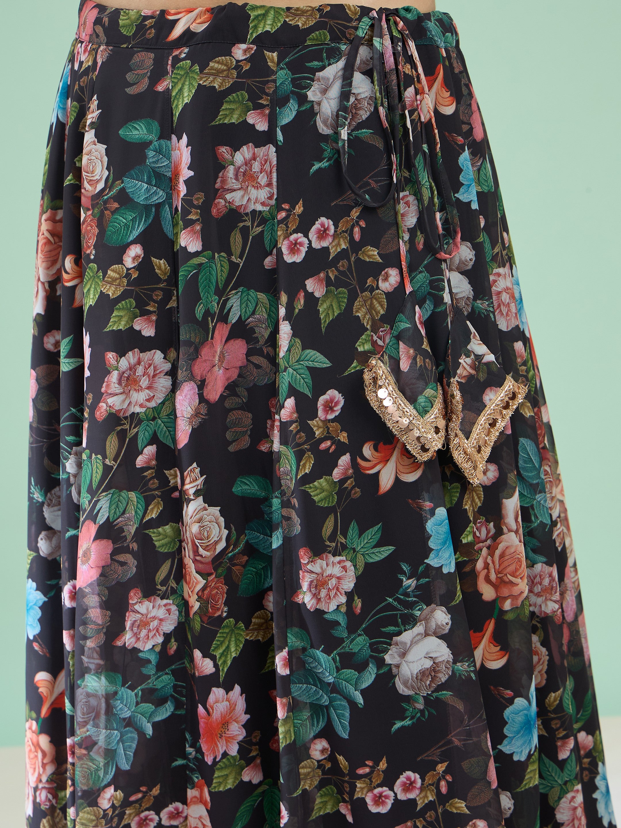 Women Black Floral Wrap Top With Anarkali Skirt