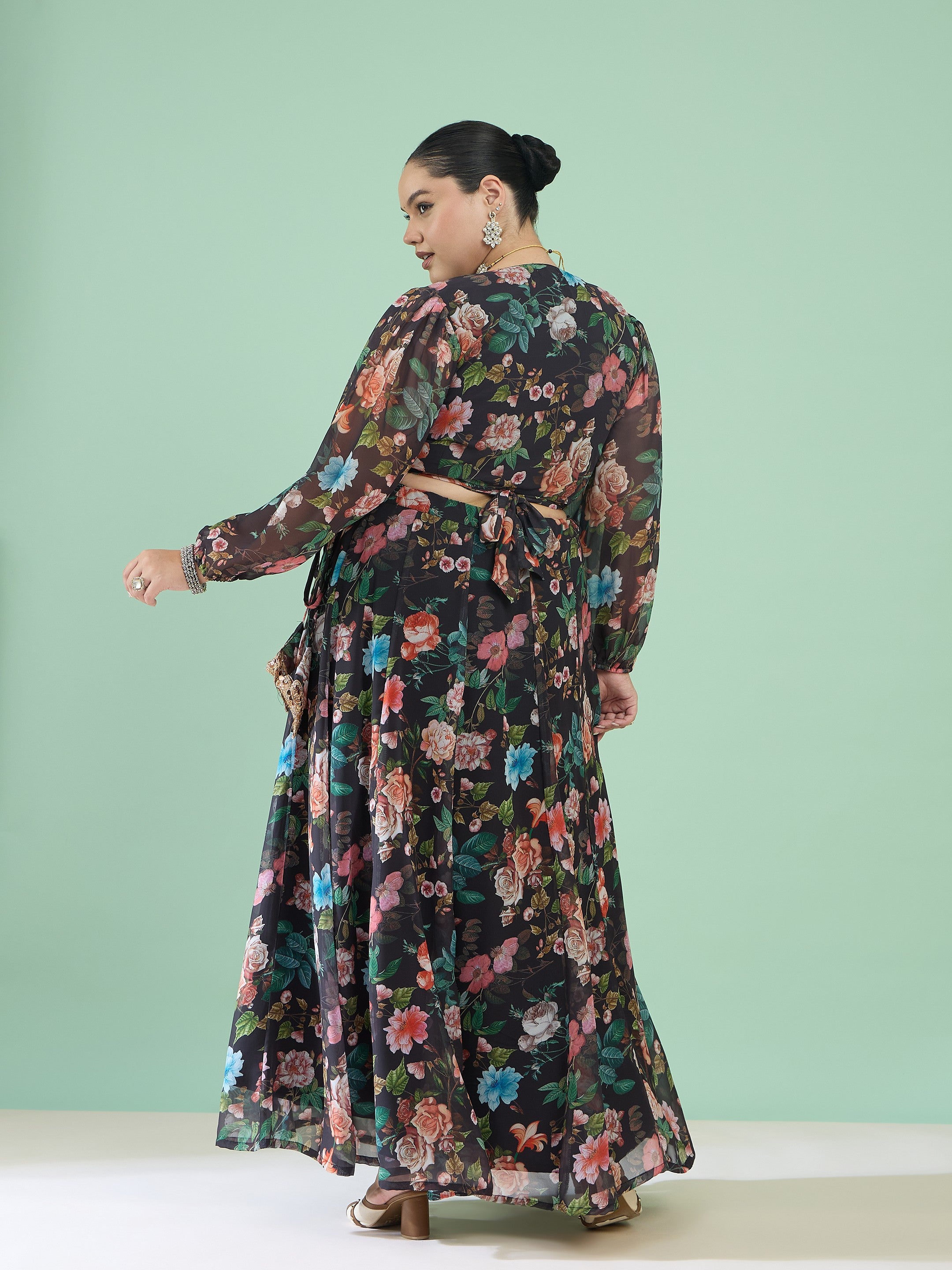 Women Black Floral Wrap Top With Anarkali Skirt