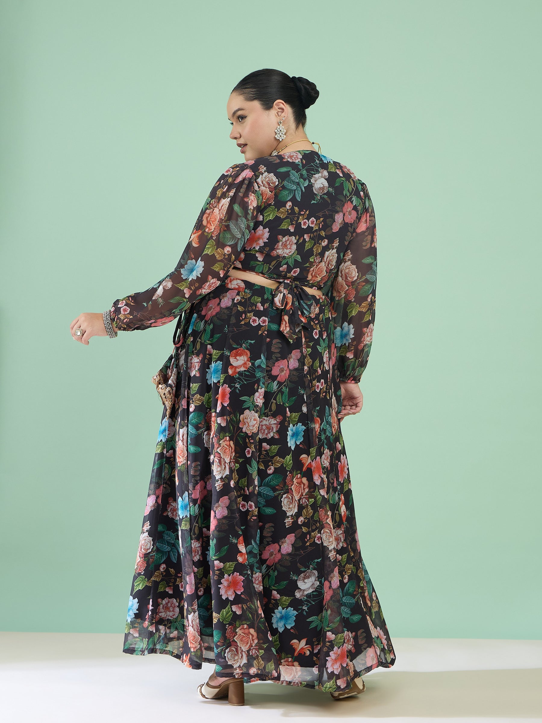 Women Black Floral Wrap Top With Anarkali Skirt