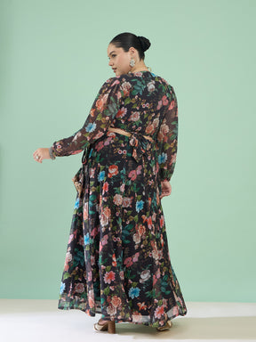 Women Black Floral Wrap Top With Anarkali Skirt
