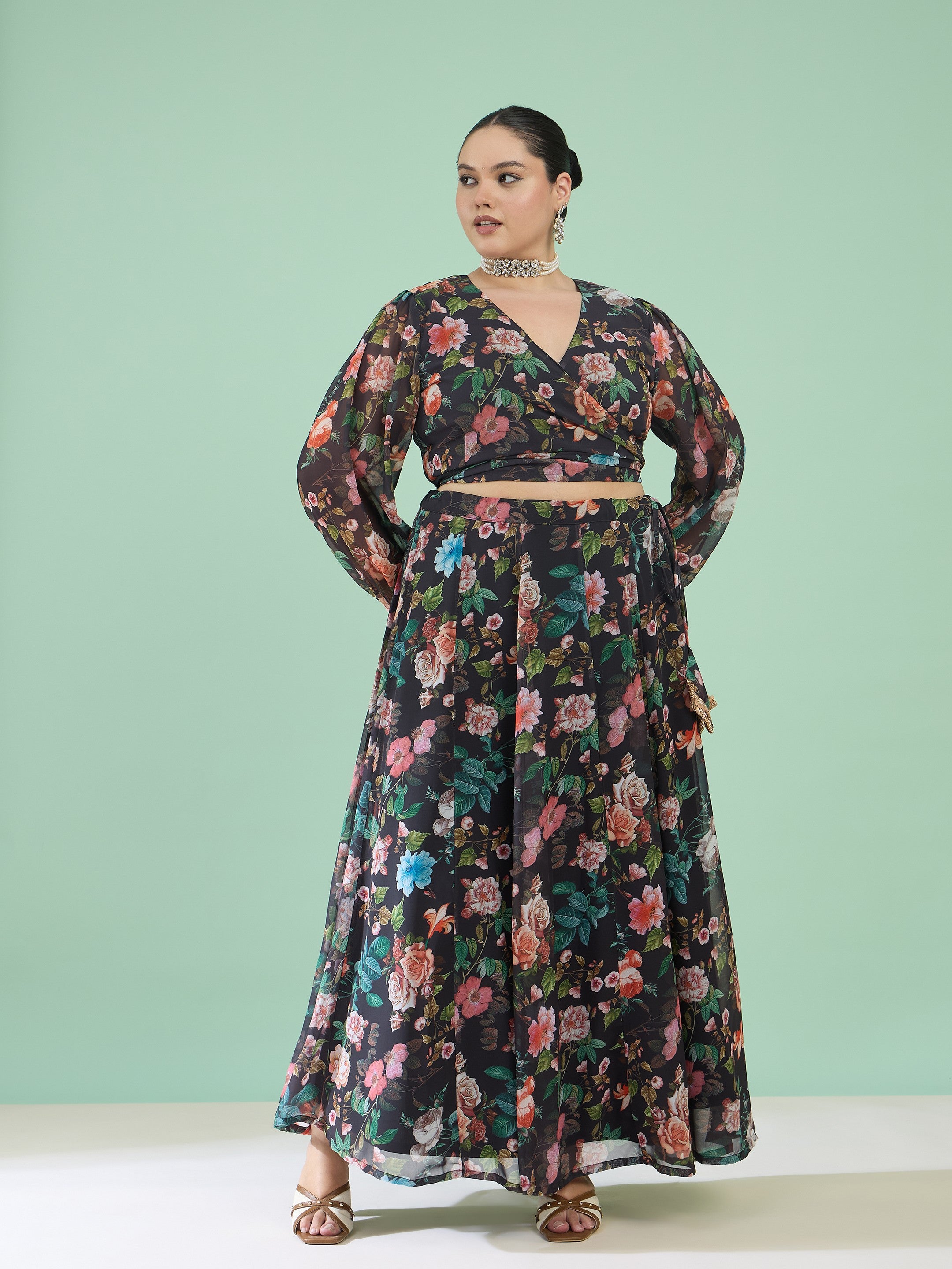 Women Black Floral Wrap Top With Anarkali Skirt