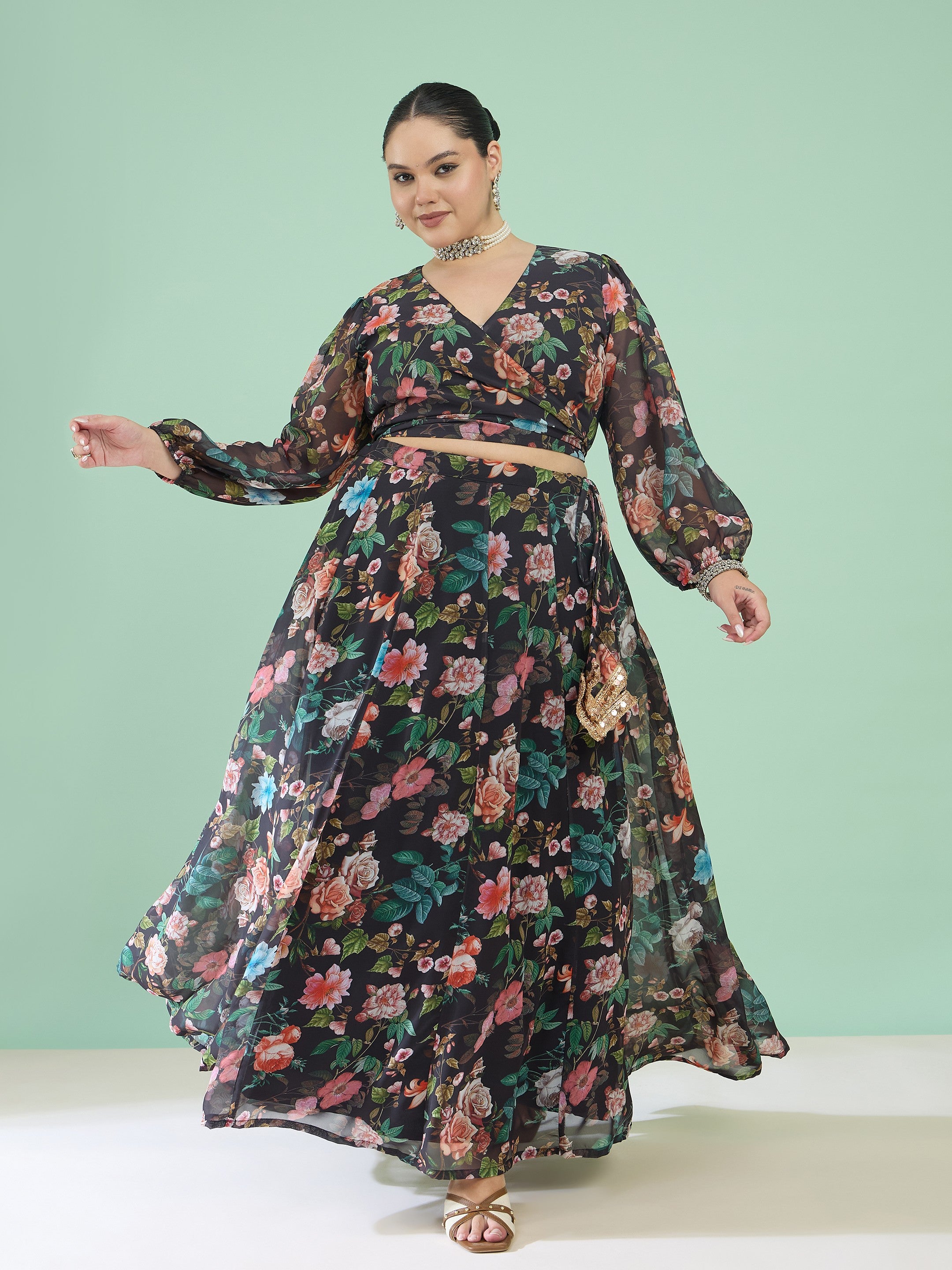 Women Black Floral Wrap Top With Anarkali Skirt