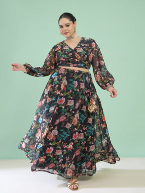 Women Black Floral Wrap Top With Anarkali Skirt