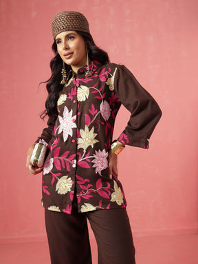 Brown Woollen Embroidered Shirt With Pants-Shae by SASSAFRAS