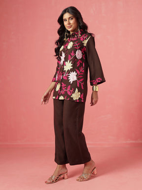 Brown Woollen Embroidered Shirt With Pants-Shae by SASSAFRAS