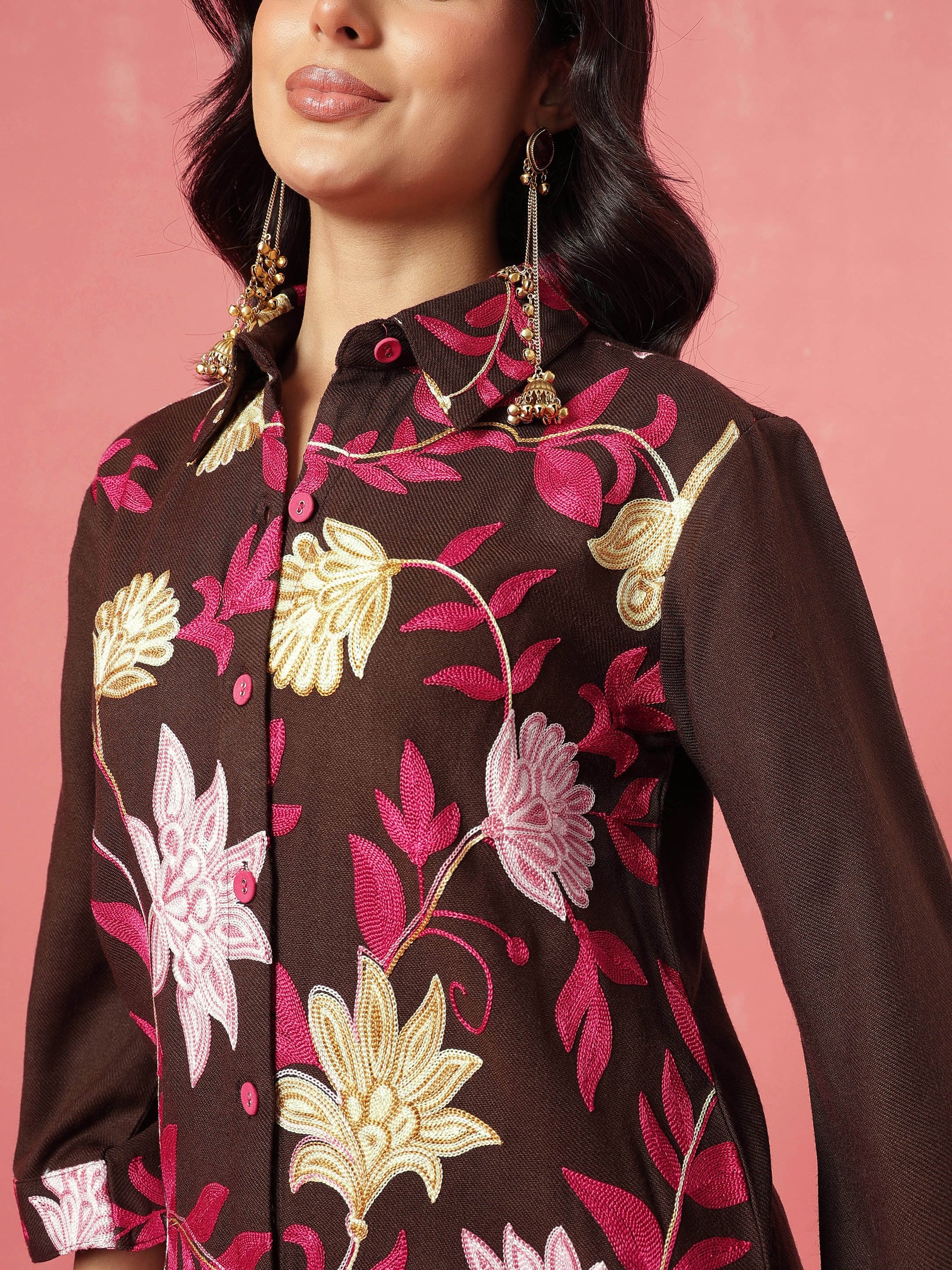 Brown Woollen Embroidered Shirt With Pants-Shae by SASSAFRAS