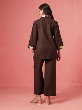 Brown Woollen Embroidered Shirt With Pants-Shae by SASSAFRAS