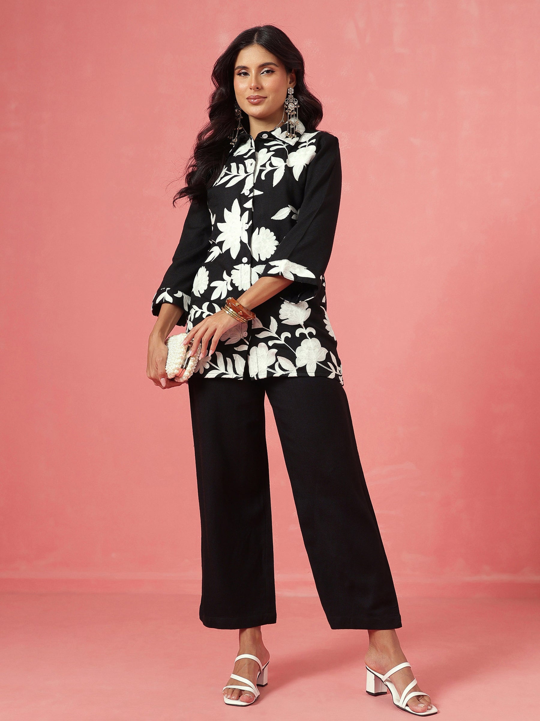 Black Woollen Embroidered Shirt With Pants-Shae by SASSAFRAS