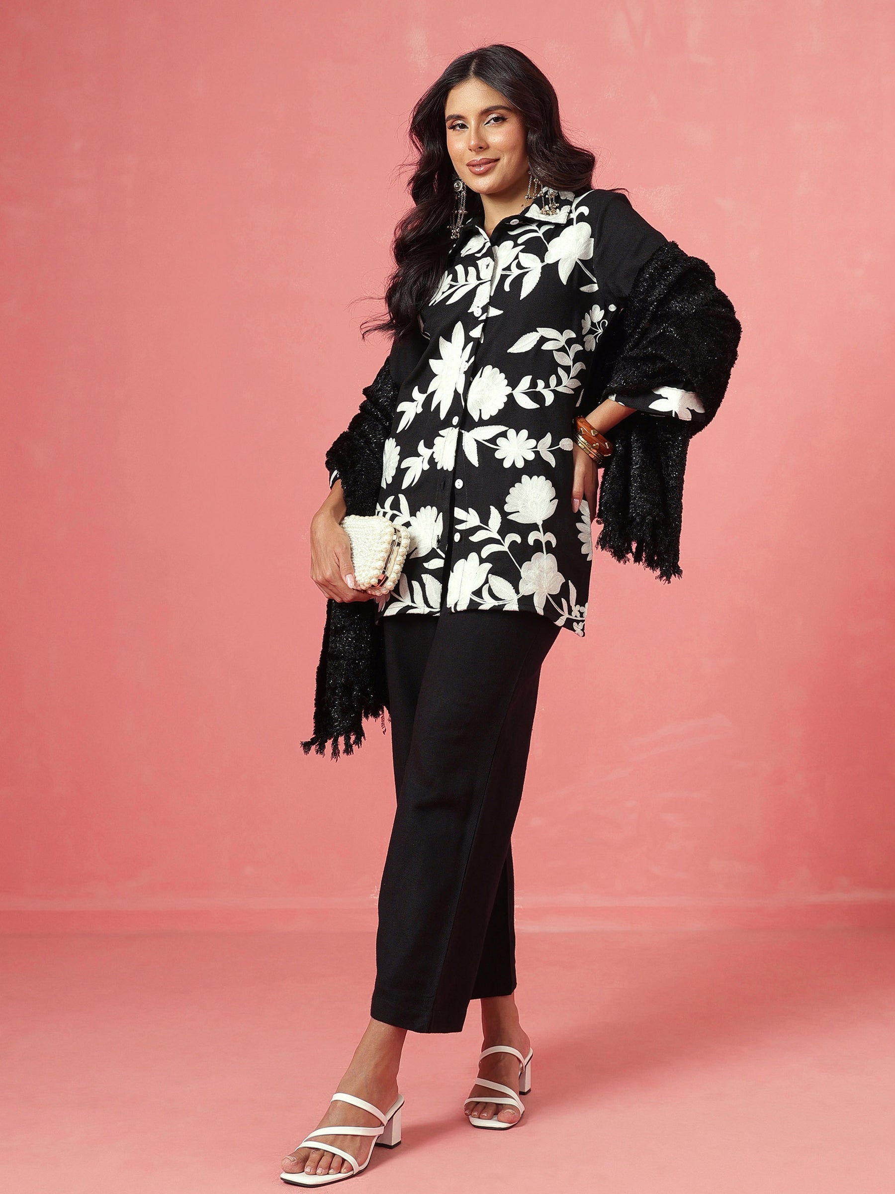 Black Woollen Embroidered Shirt With Pants-Shae by SASSAFRAS