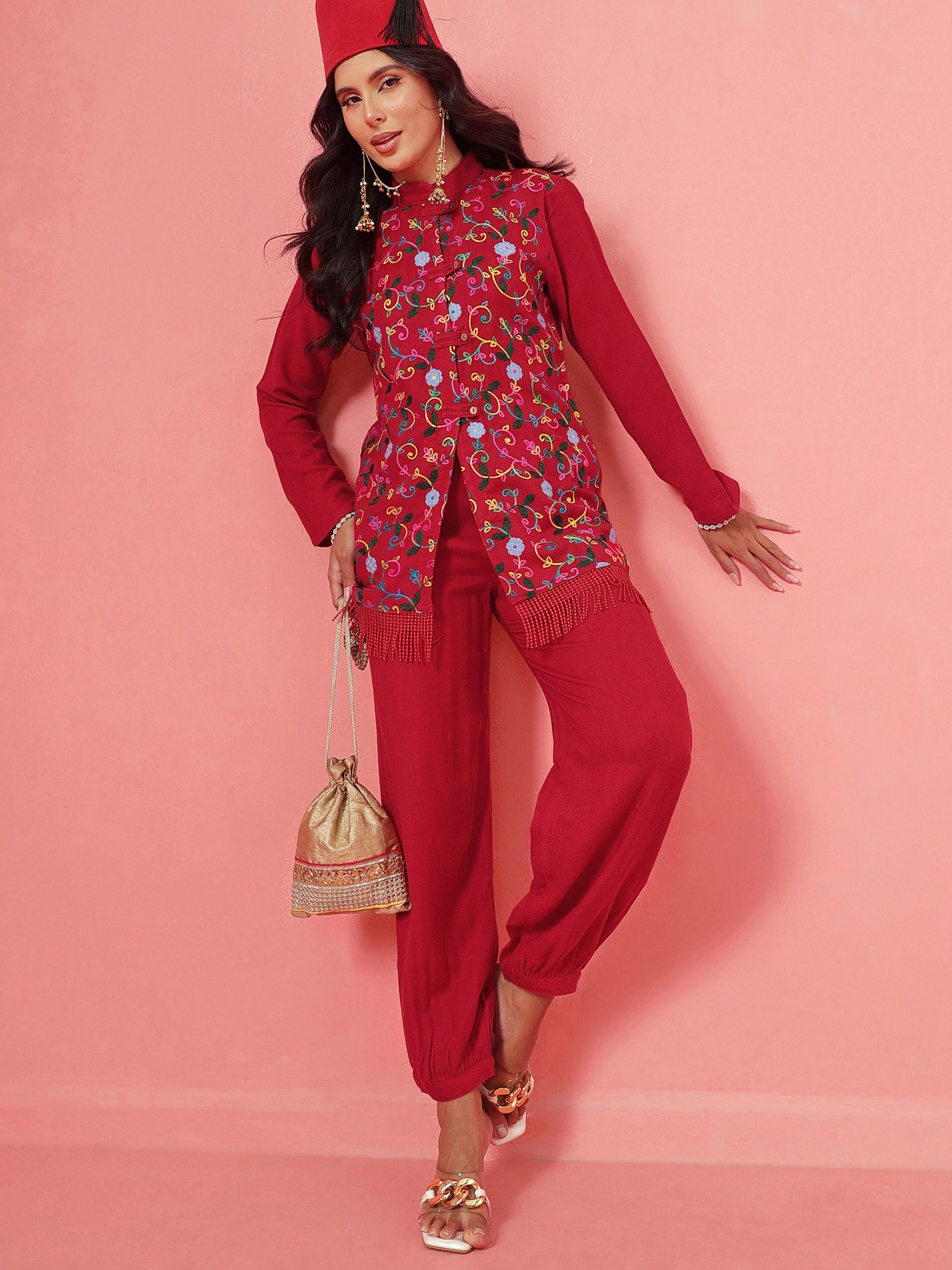 Red Woollen Embroidered Loop Jacket With Balloon Pants -Shae by SASSAFRAS