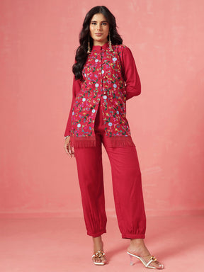 Red Woollen Embroidered Loop Jacket With Balloon Pants -Shae by SASSAFRAS