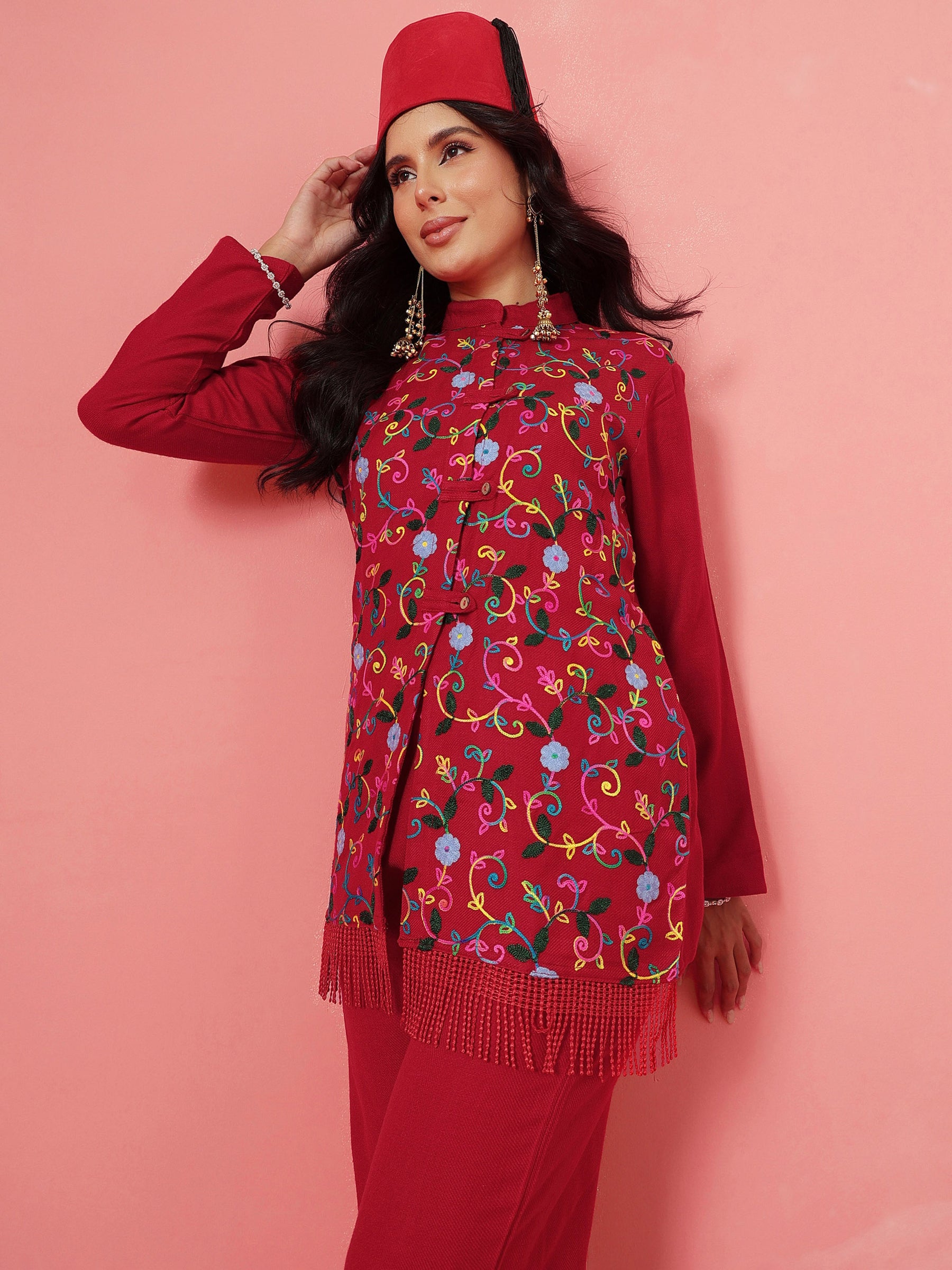 Red Woollen Embroidered Loop Jacket With Balloon Pants -Shae by SASSAFRAS