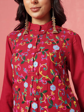 Red Woollen Embroidered Loop Jacket With Balloon Pants -Shae by SASSAFRAS