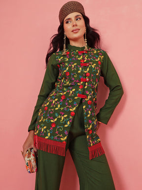 Green Woollen Embroidered Loop Jacket With Balloon Pants -Shae by SASSAFRAS
