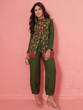 Green Woollen Embroidered Loop Jacket With Balloon Pants -Shae by SASSAFRAS