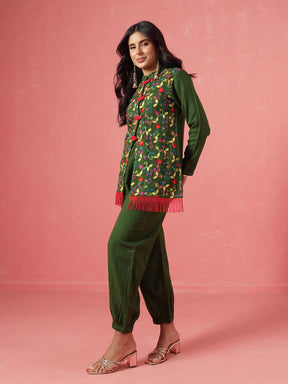 Green Woollen Embroidered Loop Jacket With Balloon Pants -Shae by SASSAFRAS