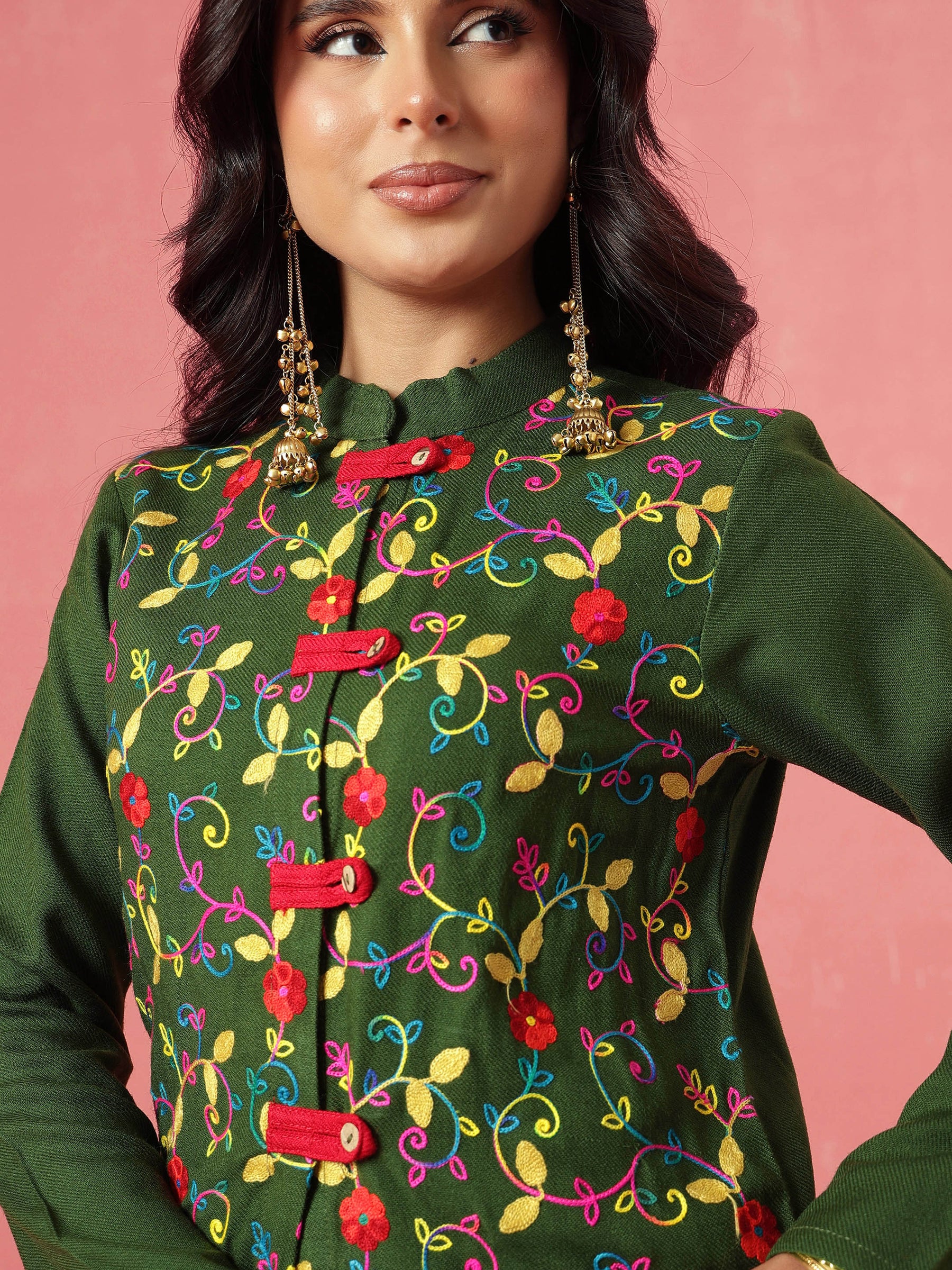 Green Woollen Embroidered Loop Jacket With Balloon Pants -Shae by SASSAFRAS