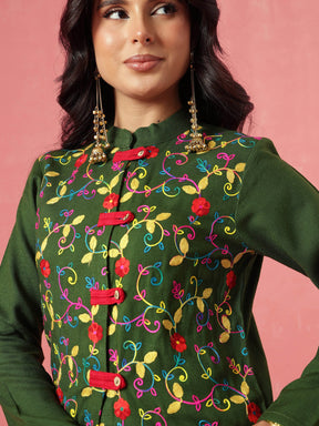 Green Woollen Embroidered Loop Jacket With Balloon Pants -Shae by SASSAFRAS