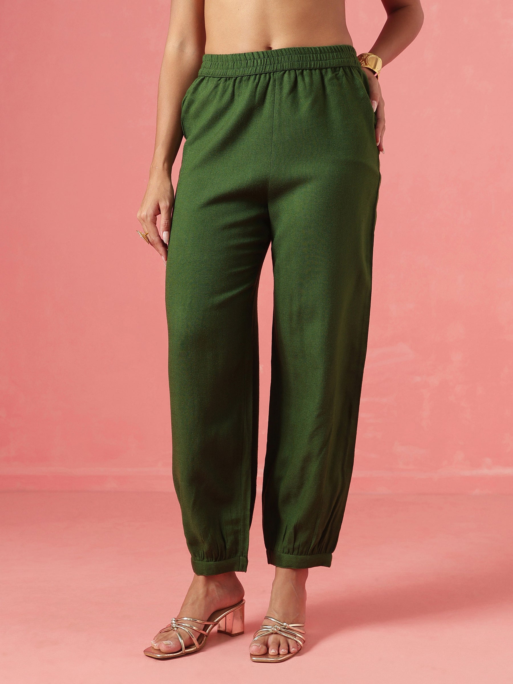 Green Woollen Embroidered Loop Jacket With Balloon Pants -Shae by SASSAFRAS