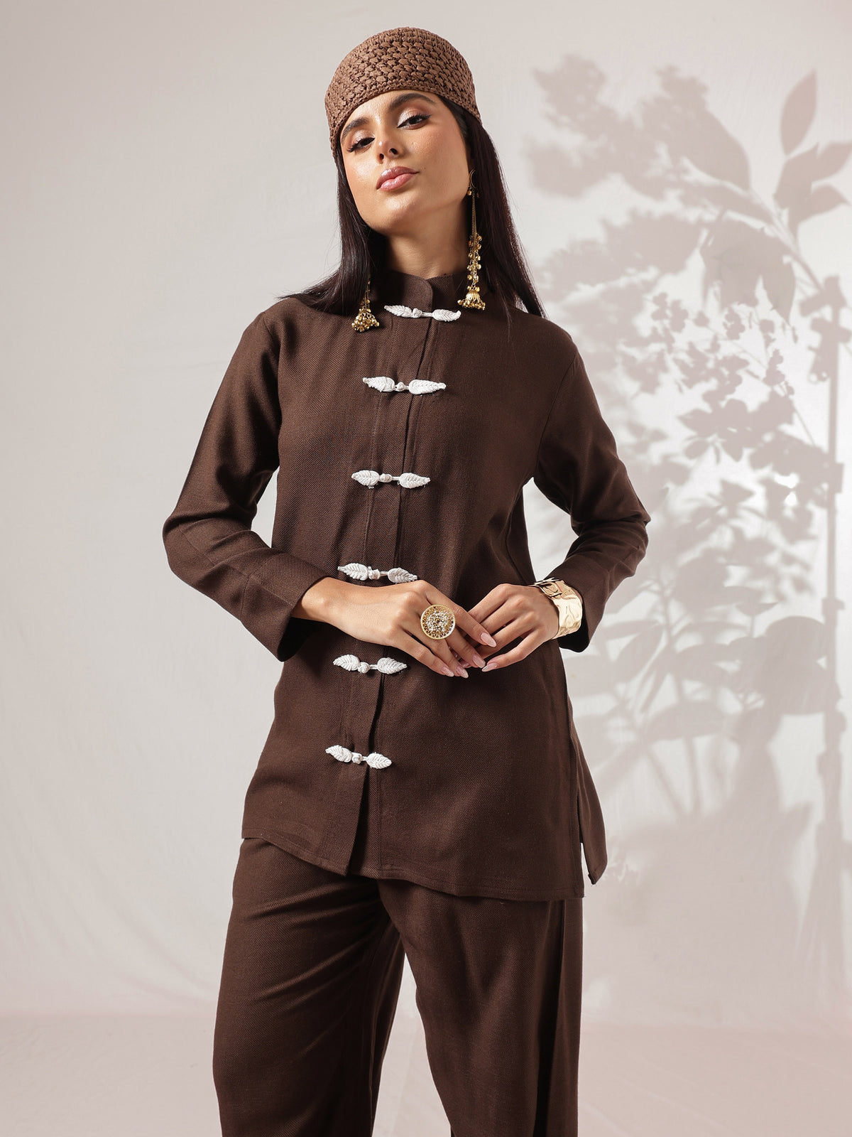 Brown Woollen Jacket With Balloon Pants -Shae by SASSAFRAS