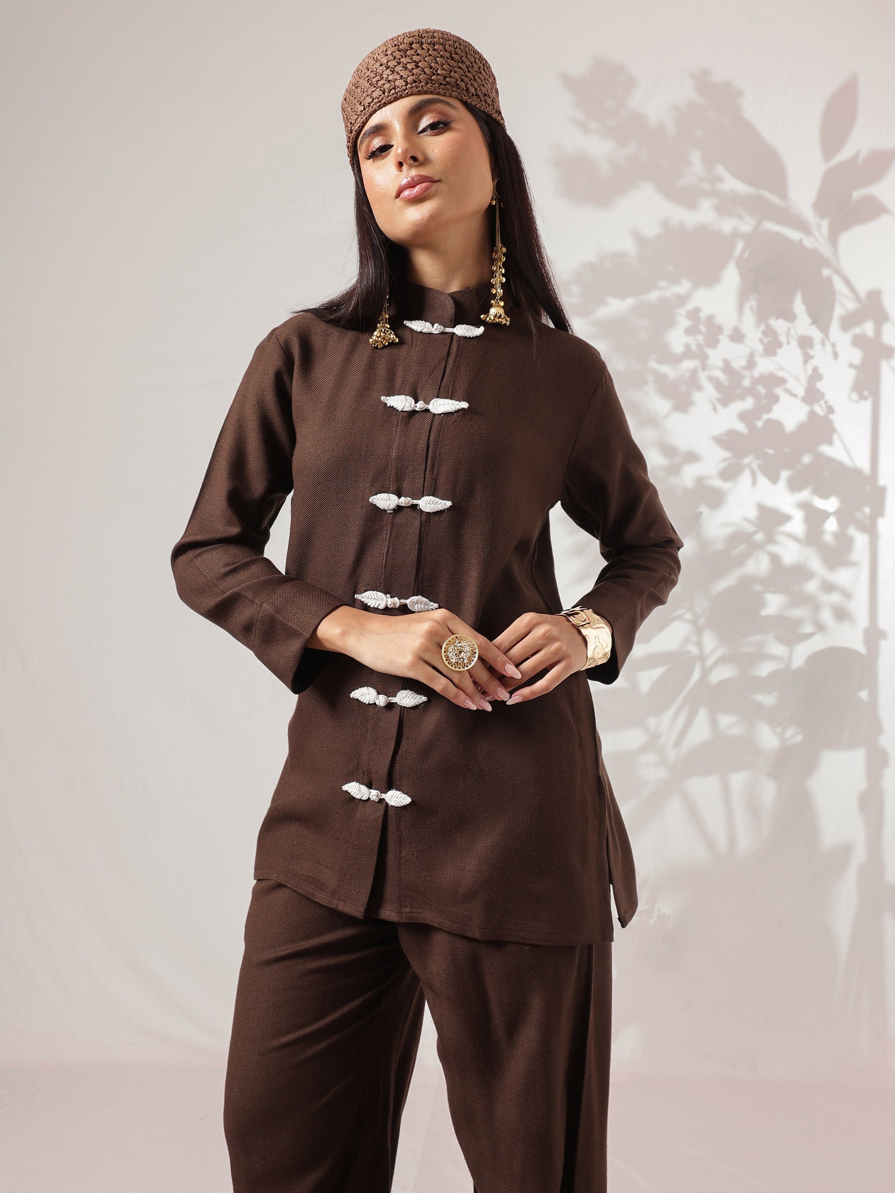 Brown Woollen Jacket With Balloon Pants -Shae by SASSAFRAS