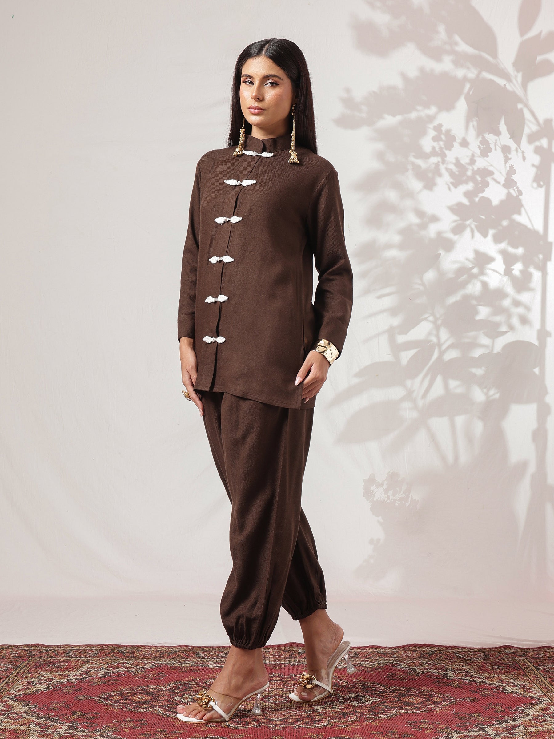 Brown Woollen Jacket With Balloon Pants -Shae by SASSAFRAS