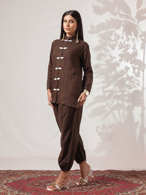 Brown Woollen Jacket With Balloon Pants -Shae by SASSAFRAS