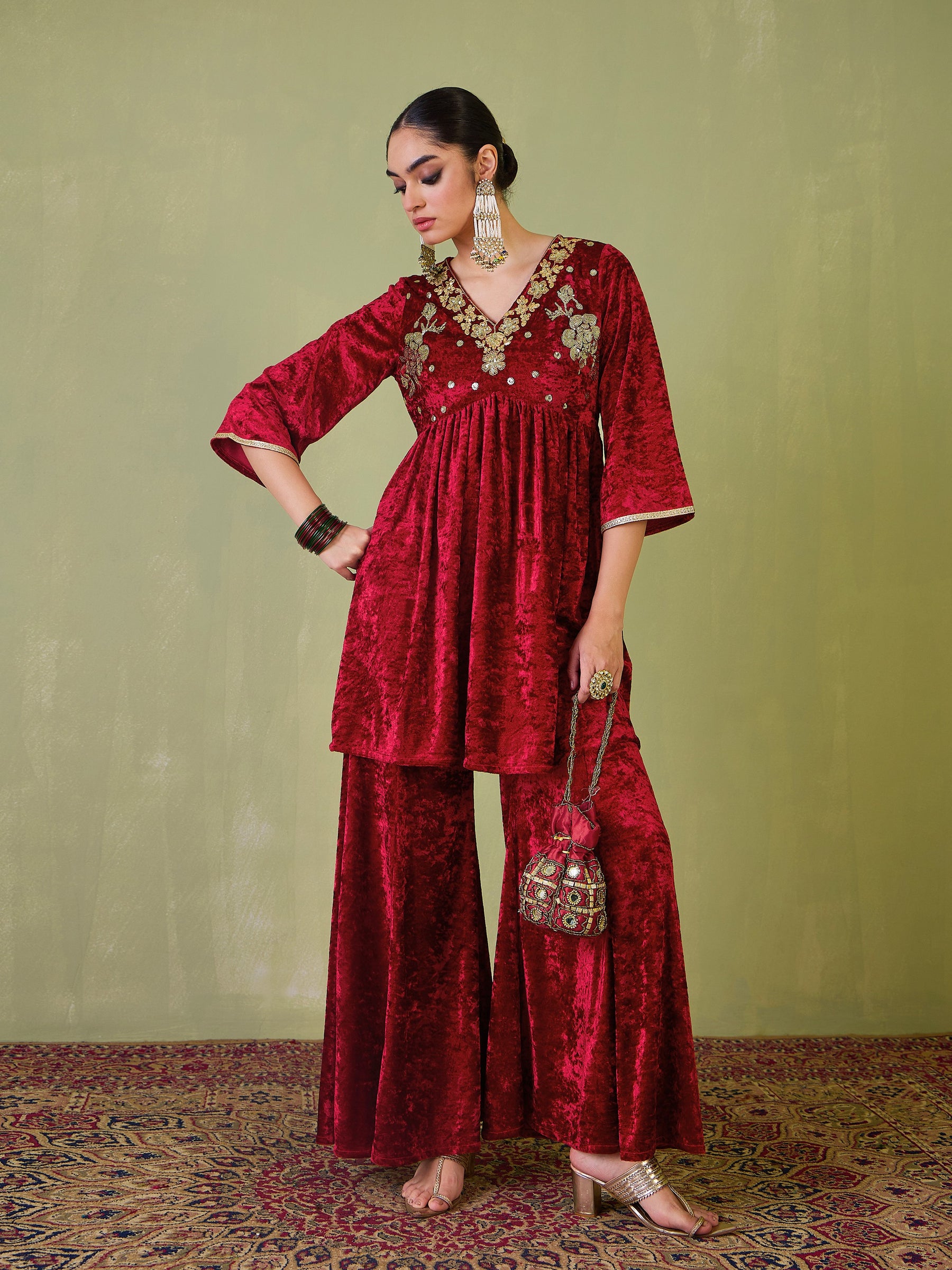 Red Velvet Embroidered Peplum Top With Palazzos-Shae by SASSAFRAS