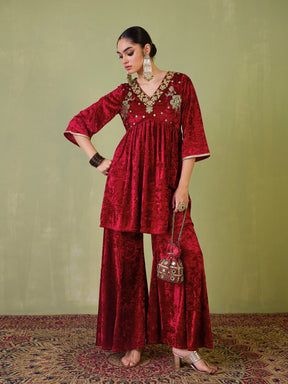 Red Velvet Embroidered Peplum Top With Palazzos-Shae by SASSAFRAS