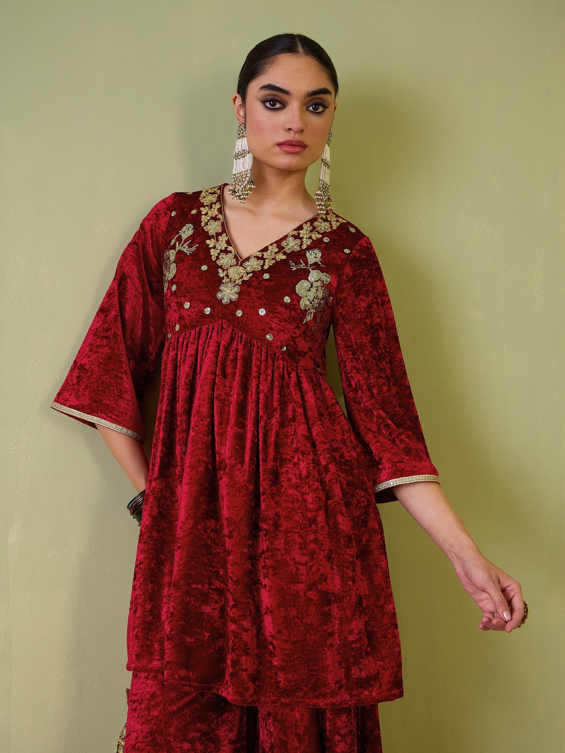 Red Velvet Embroidered Peplum Top With Palazzos-Shae by SASSAFRAS