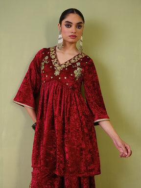 Red Velvet Embroidered Peplum Top With Palazzos-Shae by SASSAFRAS