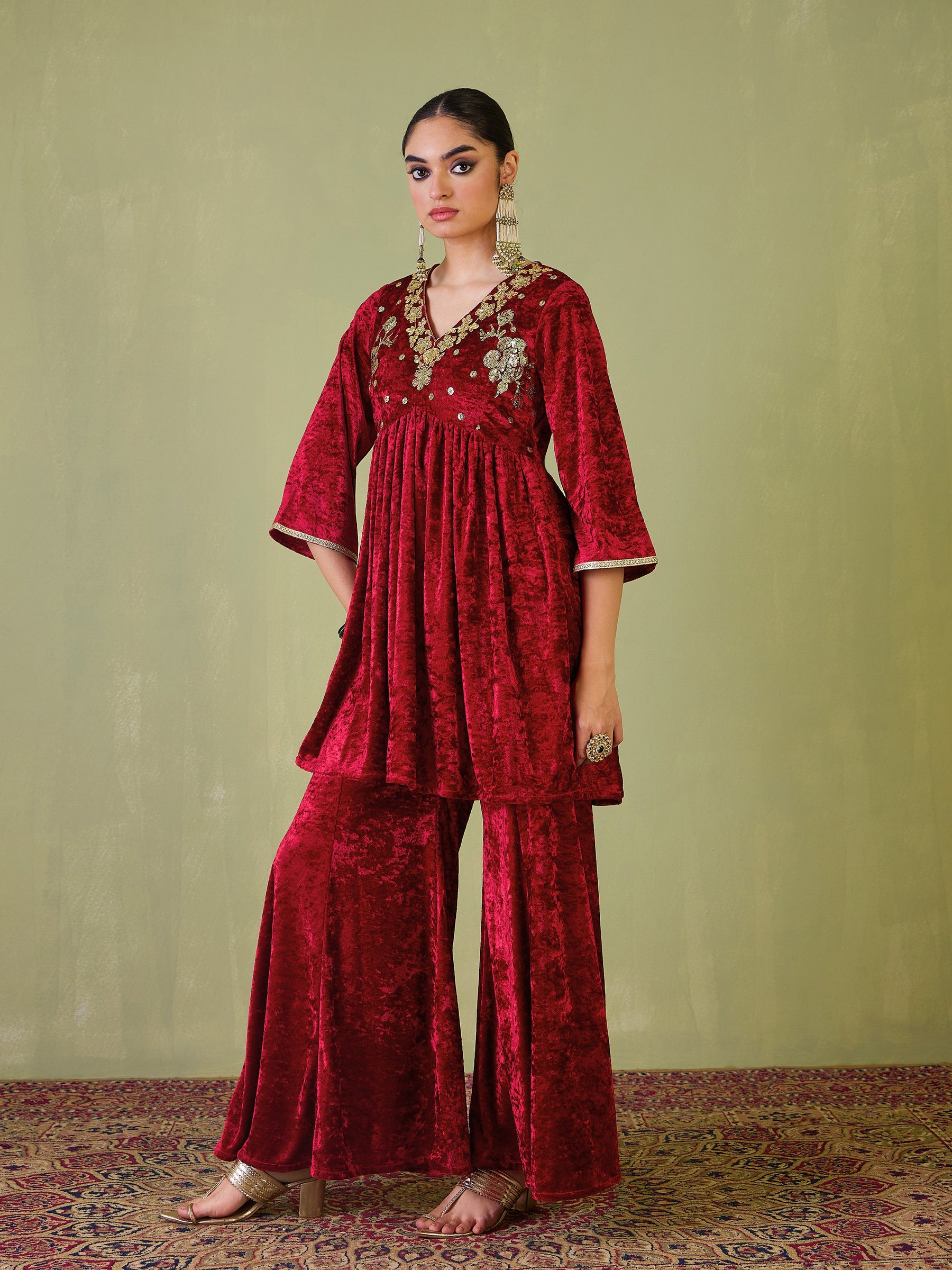 Red Velvet Embroidered Peplum Top With Palazzos-Shae by SASSAFRAS