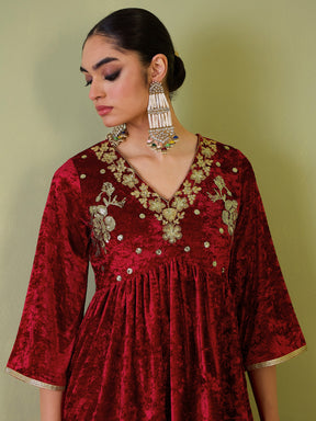 Red Velvet Embroidered Peplum Top With Palazzos-Shae by SASSAFRAS