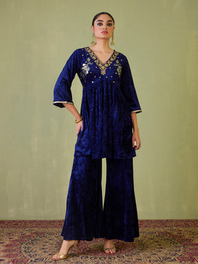 Navy Velvet Embroidered Peplum Top With Palazzos-Shae by SASSAFRAS
