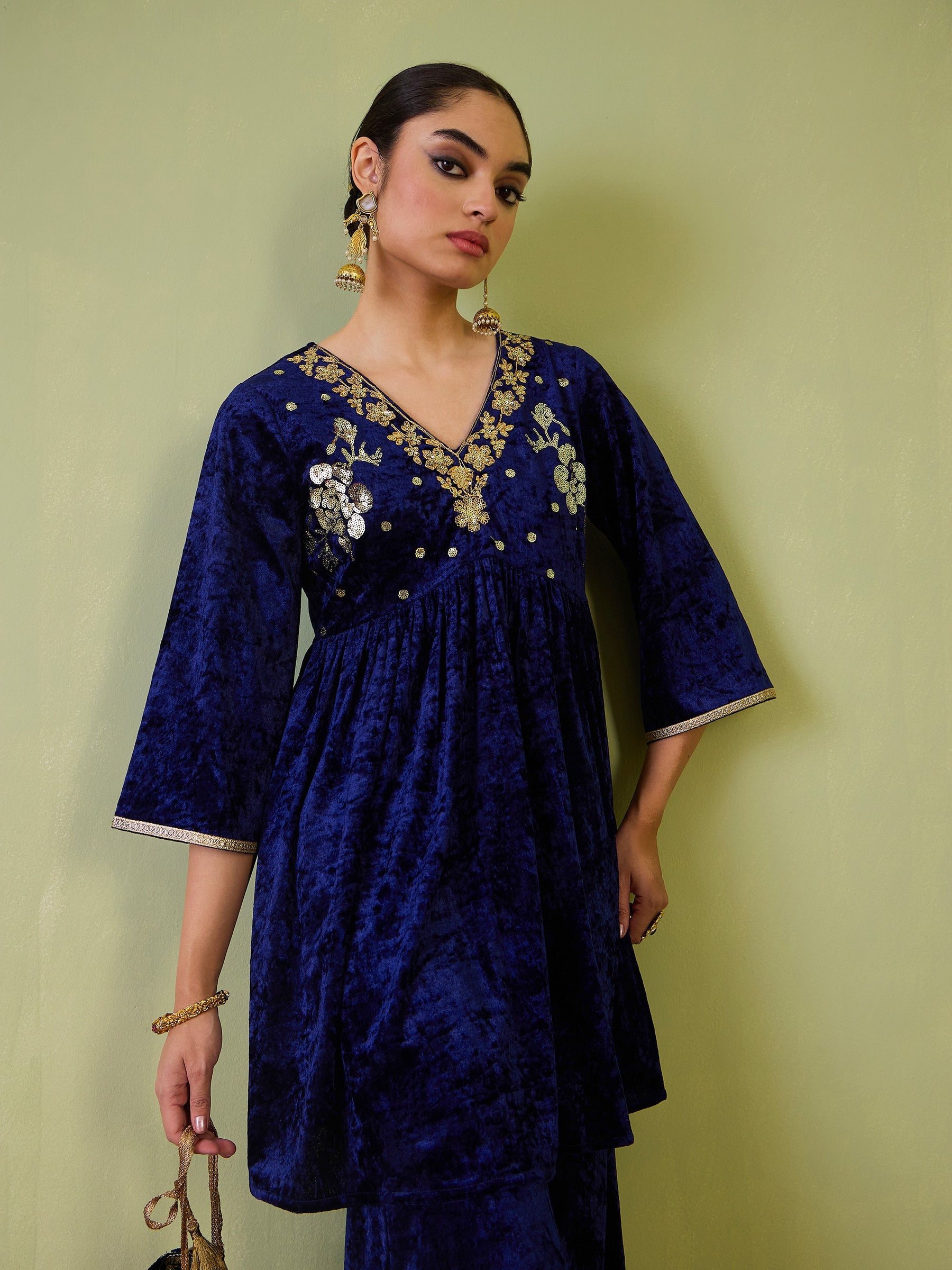 Navy Velvet Embroidered Peplum Top With Palazzos-Shae by SASSAFRAS