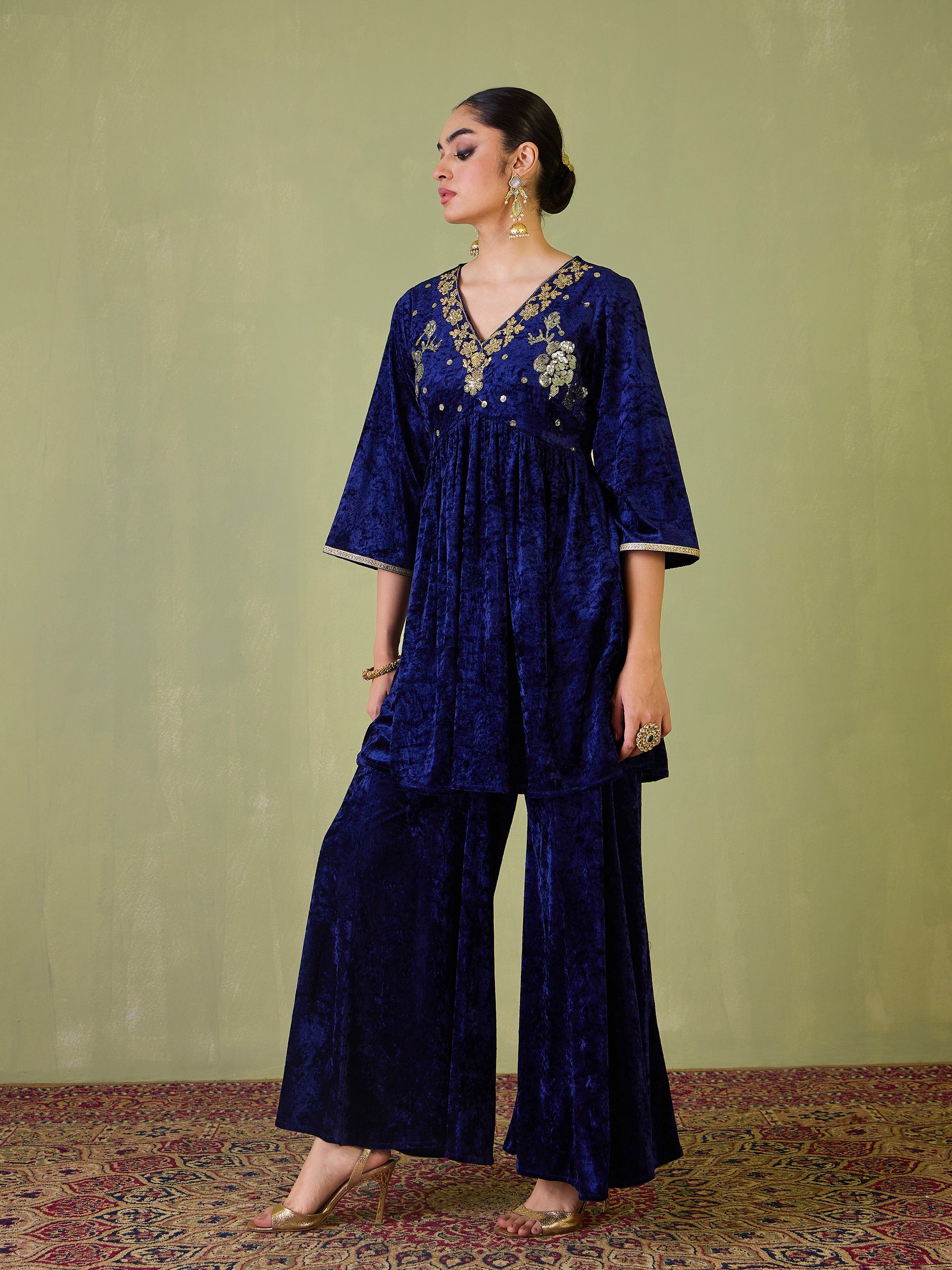 Navy Velvet Embroidered Peplum Top With Palazzos-Shae by SASSAFRAS
