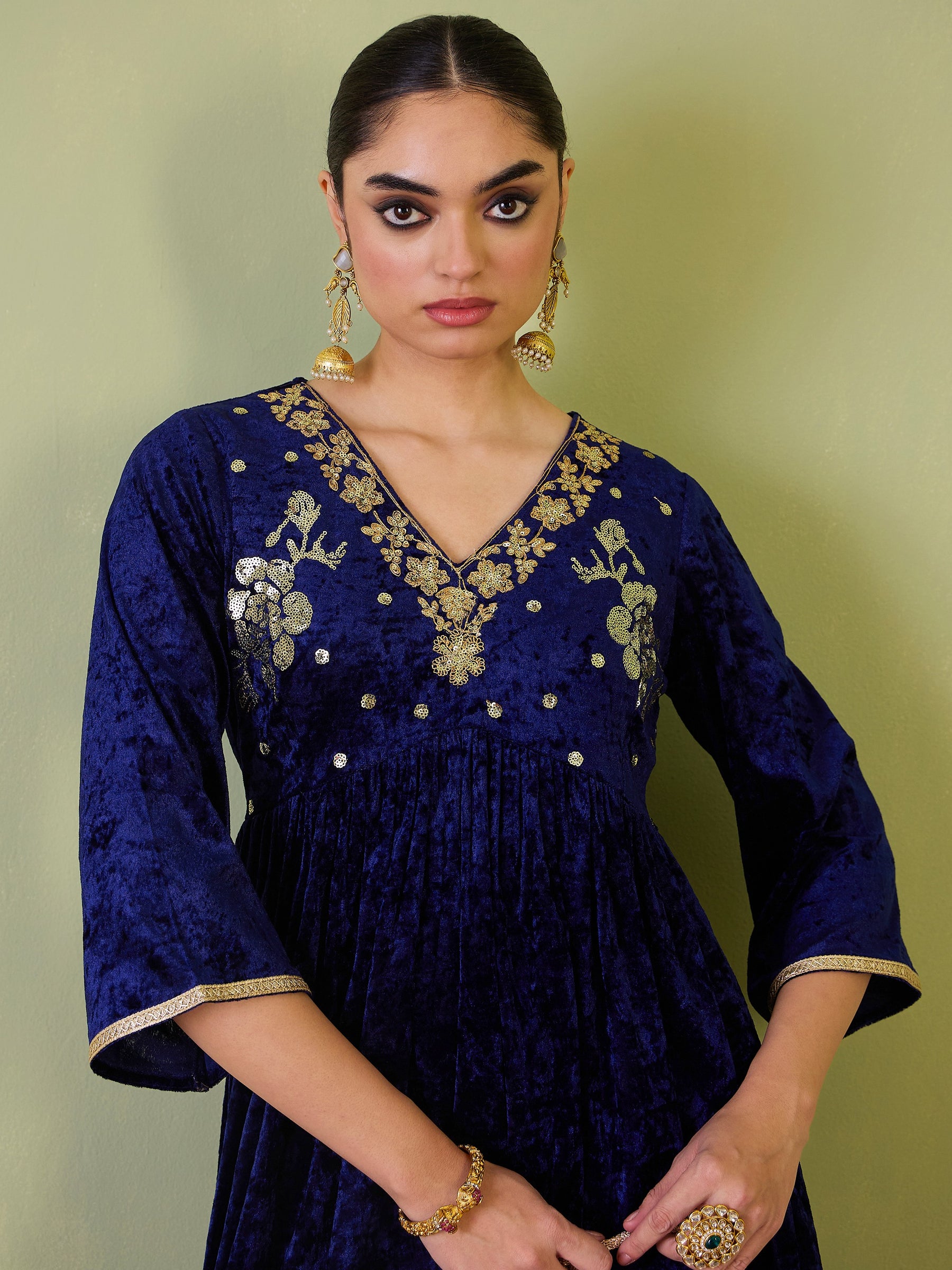 Navy Velvet Embroidered Peplum Top With Palazzos-Shae by SASSAFRAS