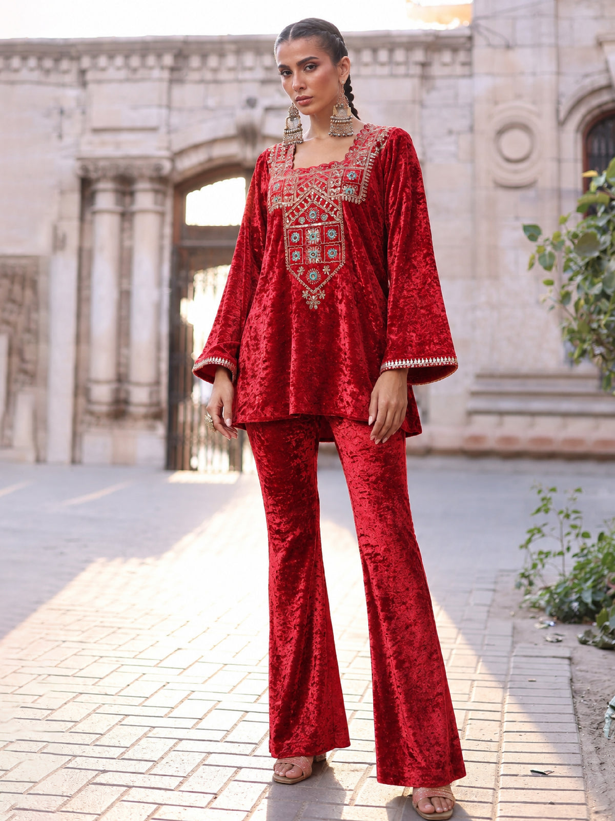 Red Velvet Embroidered Short Kurta With Bell Bottom Pants-Shae by SASSAFRAS