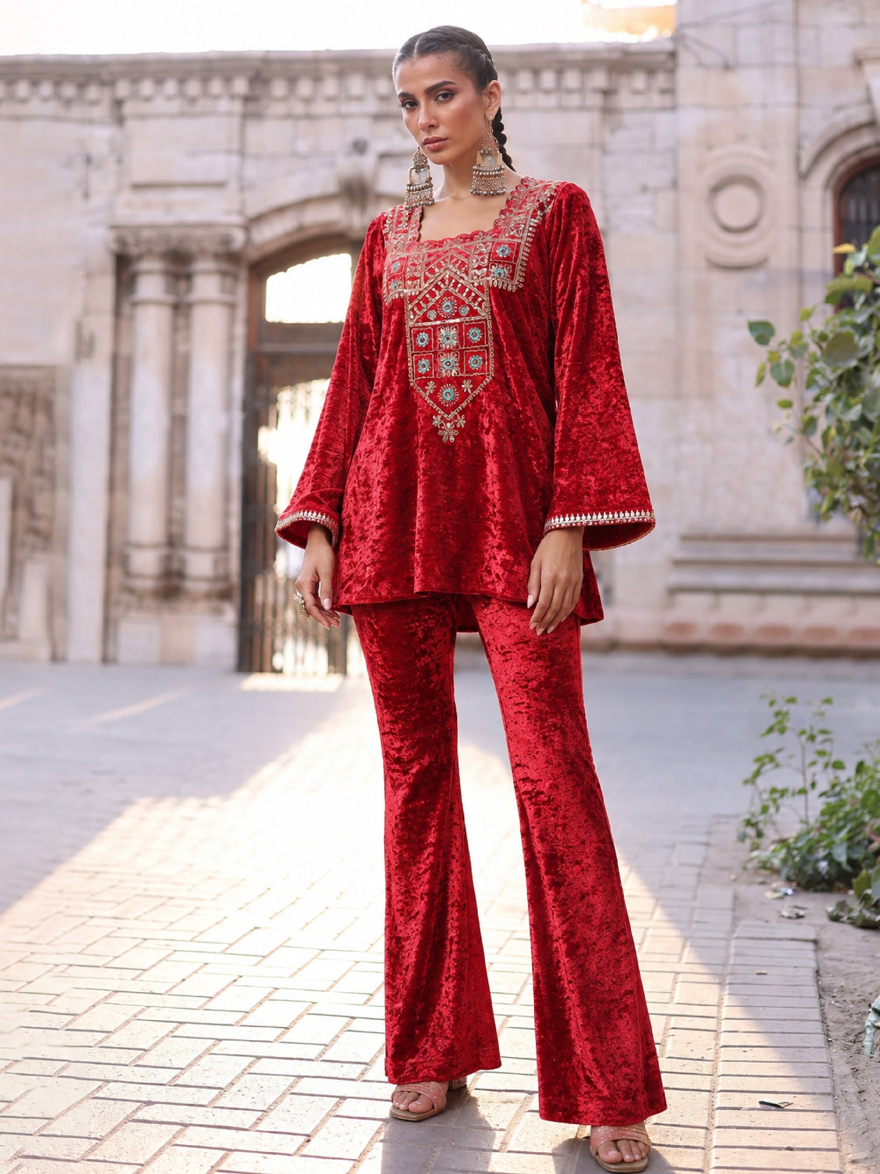 Red Velvet Embroidered Short Kurta With Bell Bottom Pants-Shae by SASSAFRAS