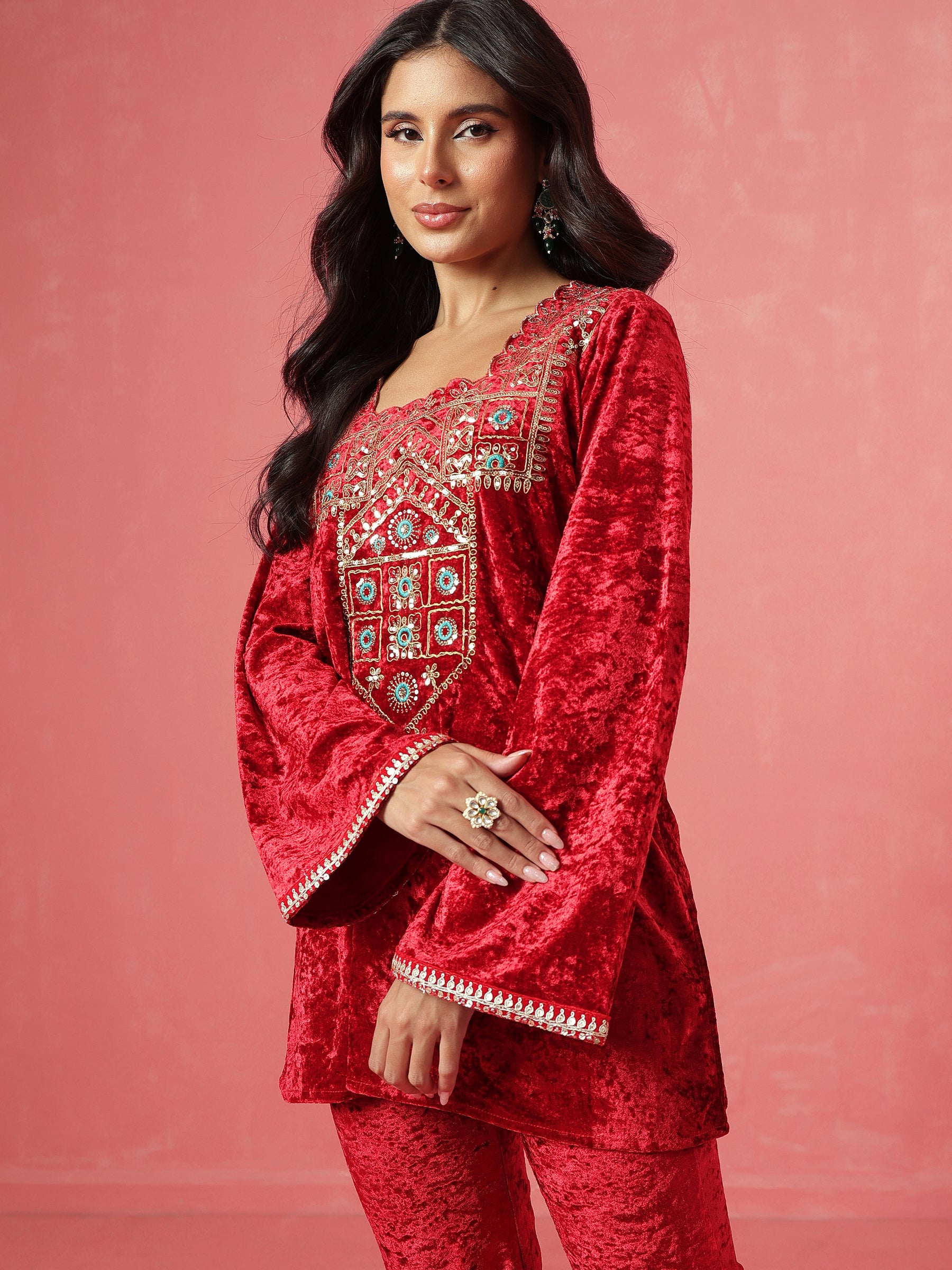 Red Velvet Embroidered Short Kurta With Bell Bottom Pants-Shae by SASSAFRAS