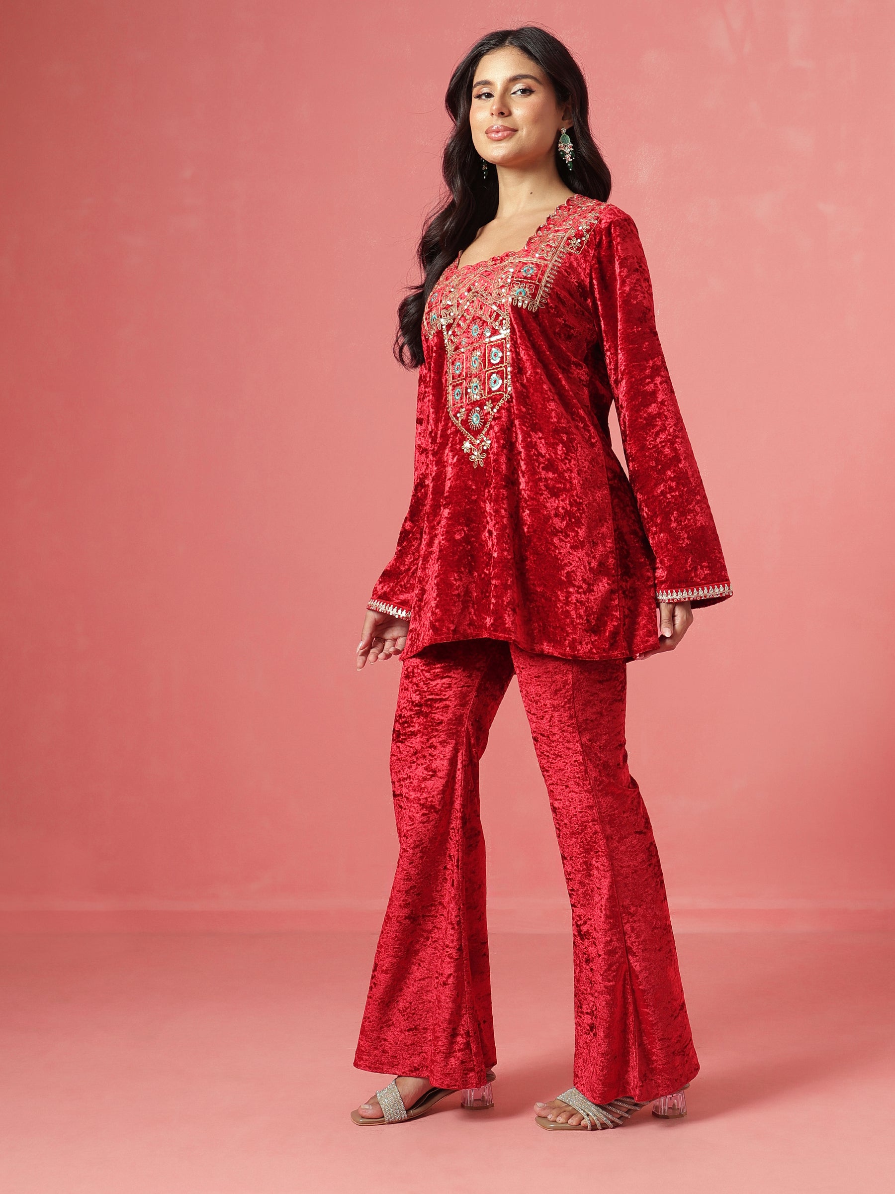 Red Velvet Embroidered Short Kurta With Bell Bottom Pants-Shae by SASSAFRAS
