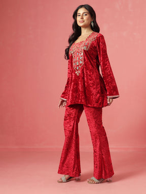 Red Velvet Embroidered Short Kurta With Bell Bottom Pants-Shae by SASSAFRAS