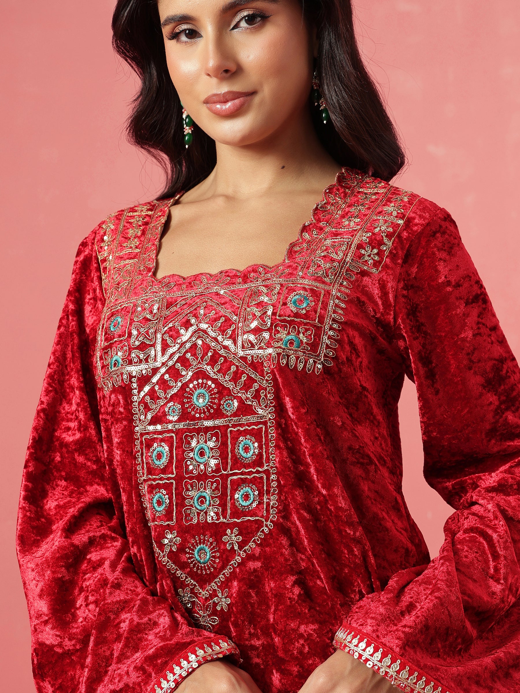 Red Velvet Embroidered Short Kurta With Bell Bottom Pants-Shae by SASSAFRAS