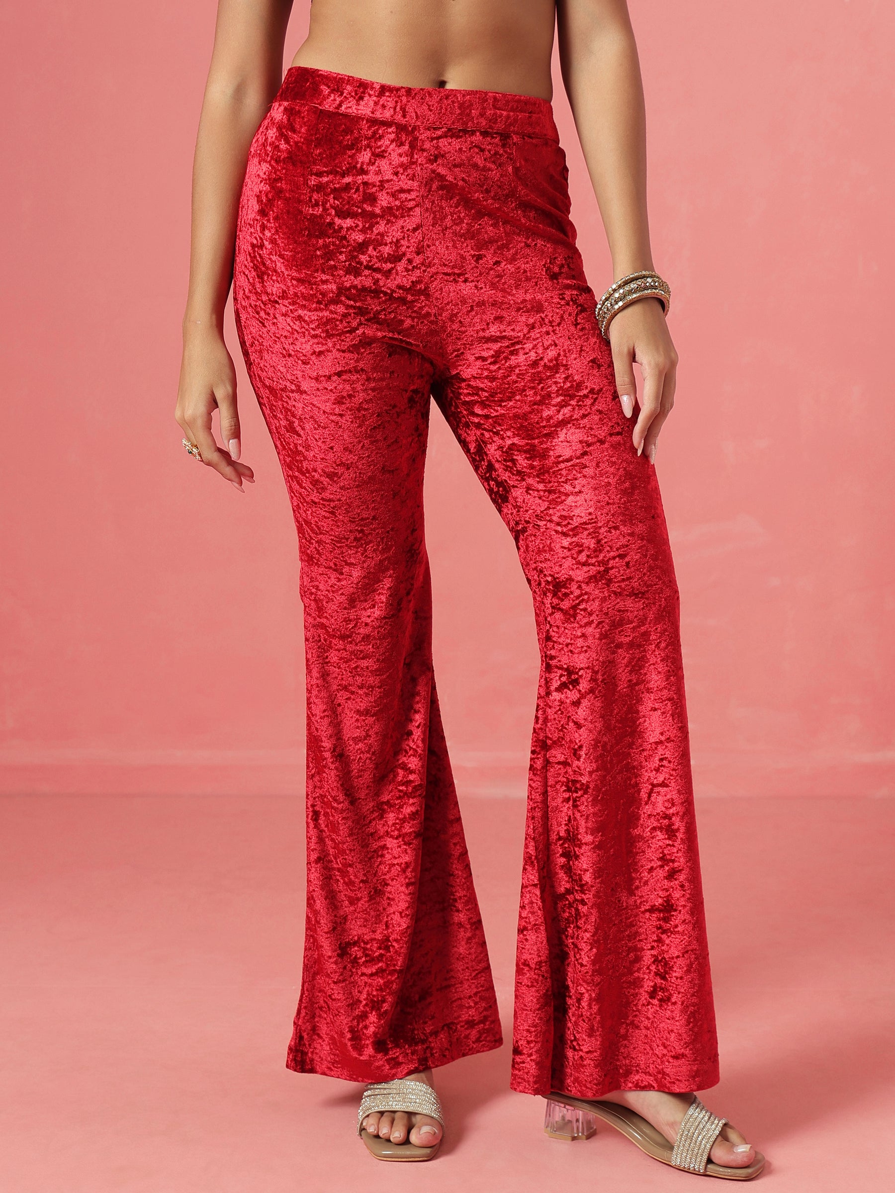 Red Velvet Embroidered Short Kurta With Bell Bottom Pants-Shae by SASSAFRAS