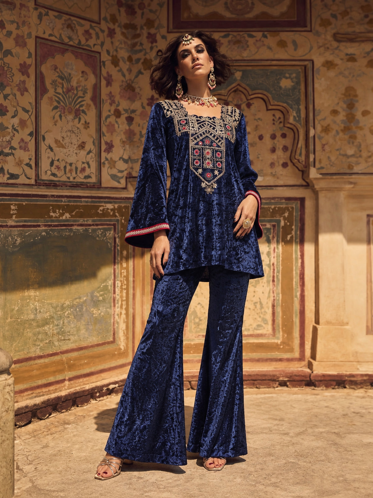 Navy Velvet Embroidered Short Kurta With Bell Bottom Pants-Shae by SASSAFRAS