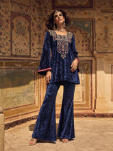 Navy Velvet Embroidered Short Kurta With Bell Bottom Pants-Shae by SASSAFRAS