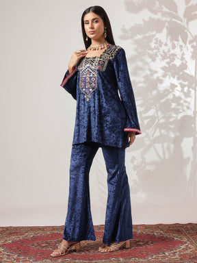 Navy Velvet Embroidered Short Kurta With Bell Bottom Pants-Shae by SASSAFRAS