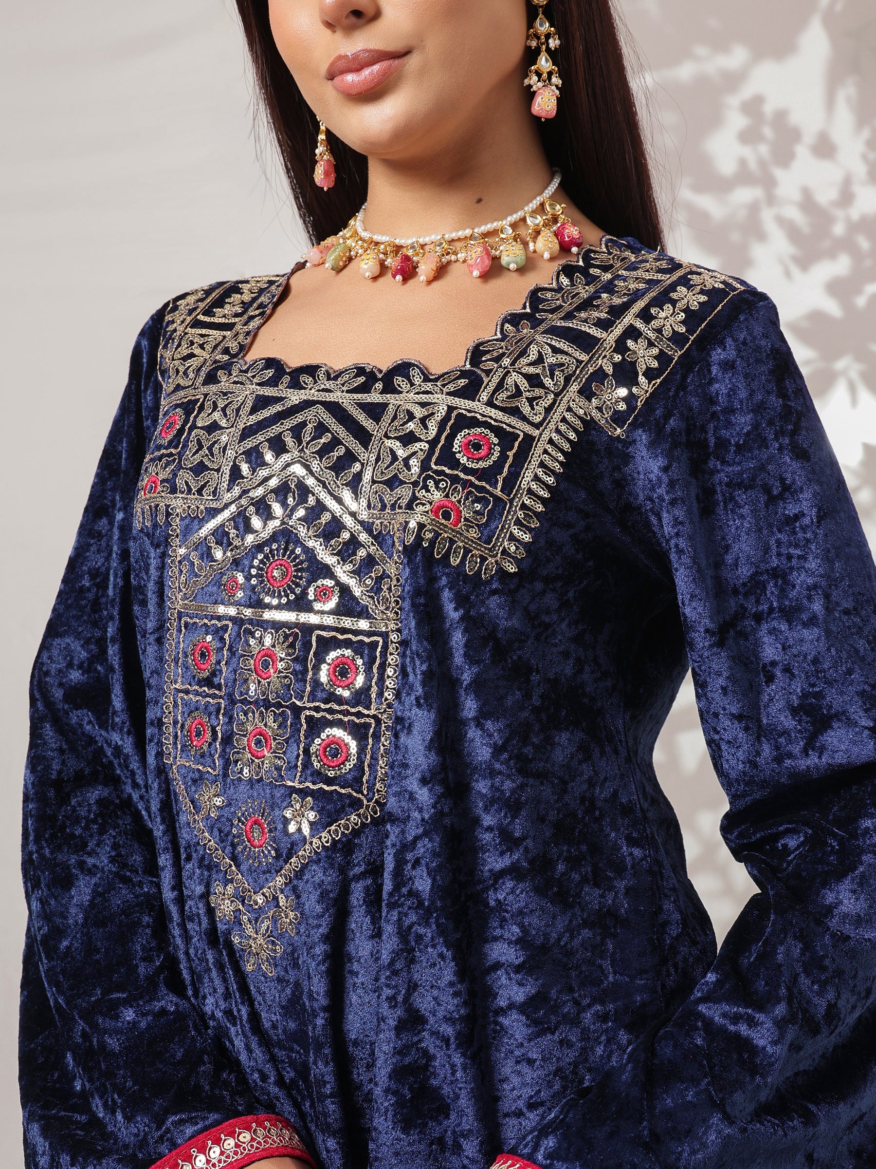 Navy Velvet Embroidered Short Kurta With Bell Bottom Pants-Shae by SASSAFRAS