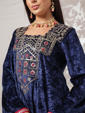 Navy Velvet Embroidered Short Kurta With Bell Bottom Pants-Shae by SASSAFRAS